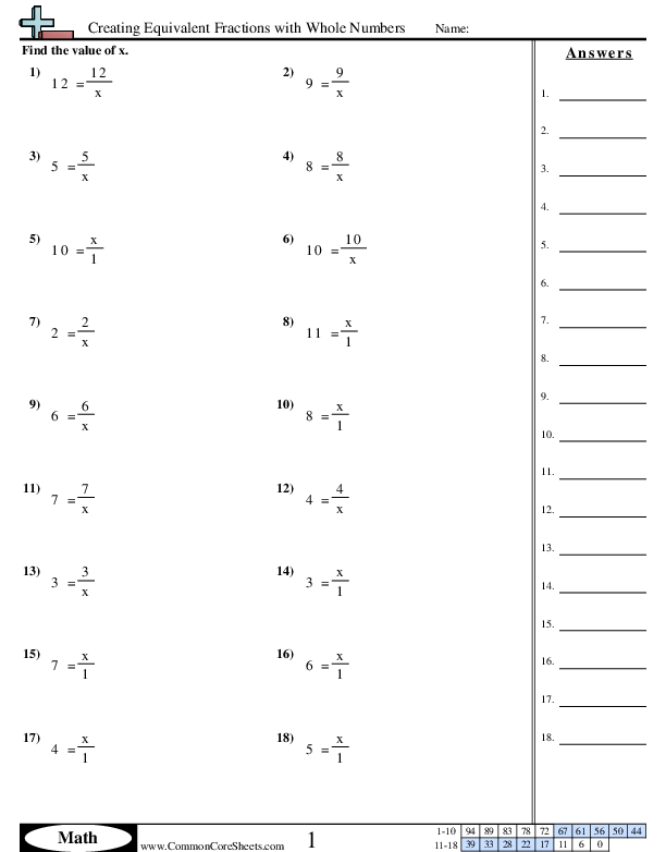 Fraction Worksheets - Creating Equivalent Fractions with Whole Numbers worksheet